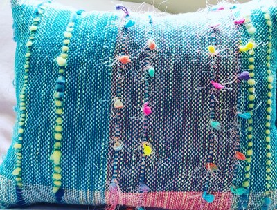 Handwoven Cushions, all Natural Cotton with delicate frills. Turquoise, pins and lavender. Approximately 12x18” - image3